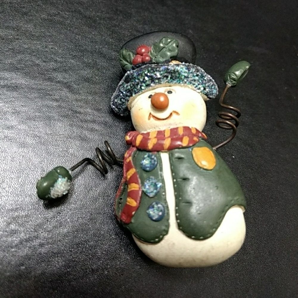 Holiday Wire Arm Snowman Pin Brooch Tophat Green Red Sparkle